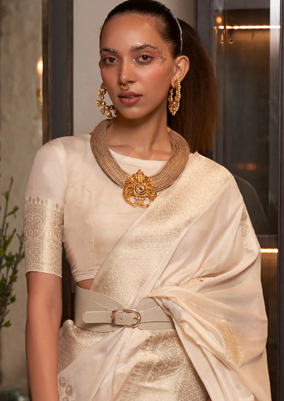 Pearl White Zari Woven Pure Khadi Banarasi Saree