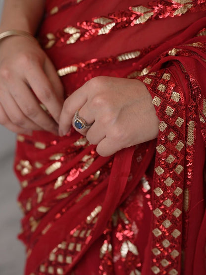 Bollywood Inspired Metallic Red Georgette Saree with Sequins