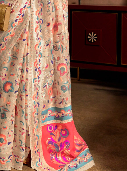 Cream-Coloured & Pink Woven Design Silk Blend Banarasi Saree