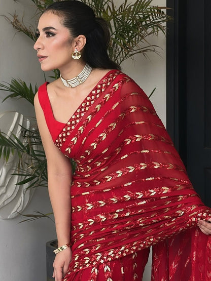 Bollywood Inspired Metallic Red Georgette Saree with Sequins