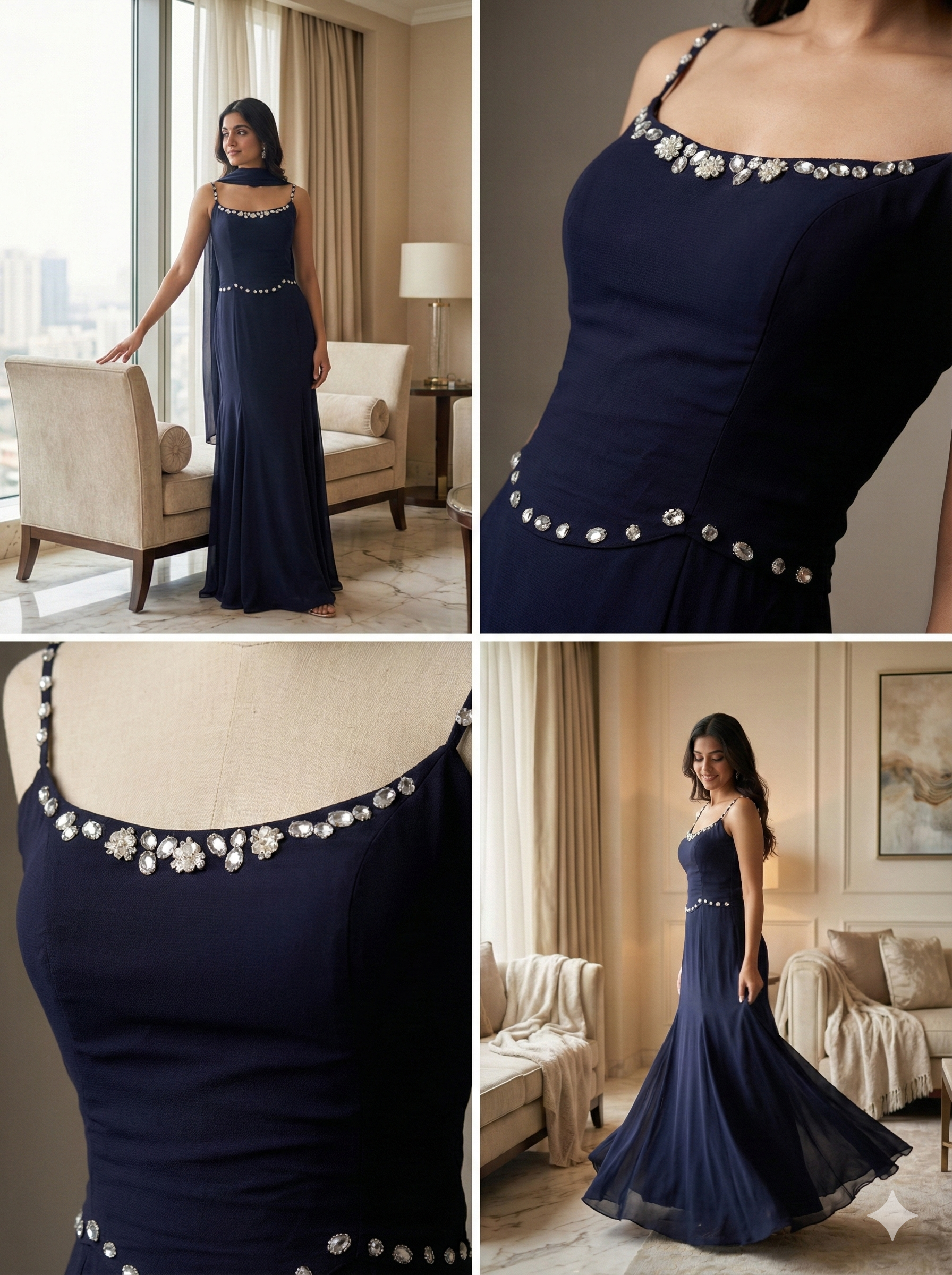 Pearl-Detail Navy Blue Evening Gown
