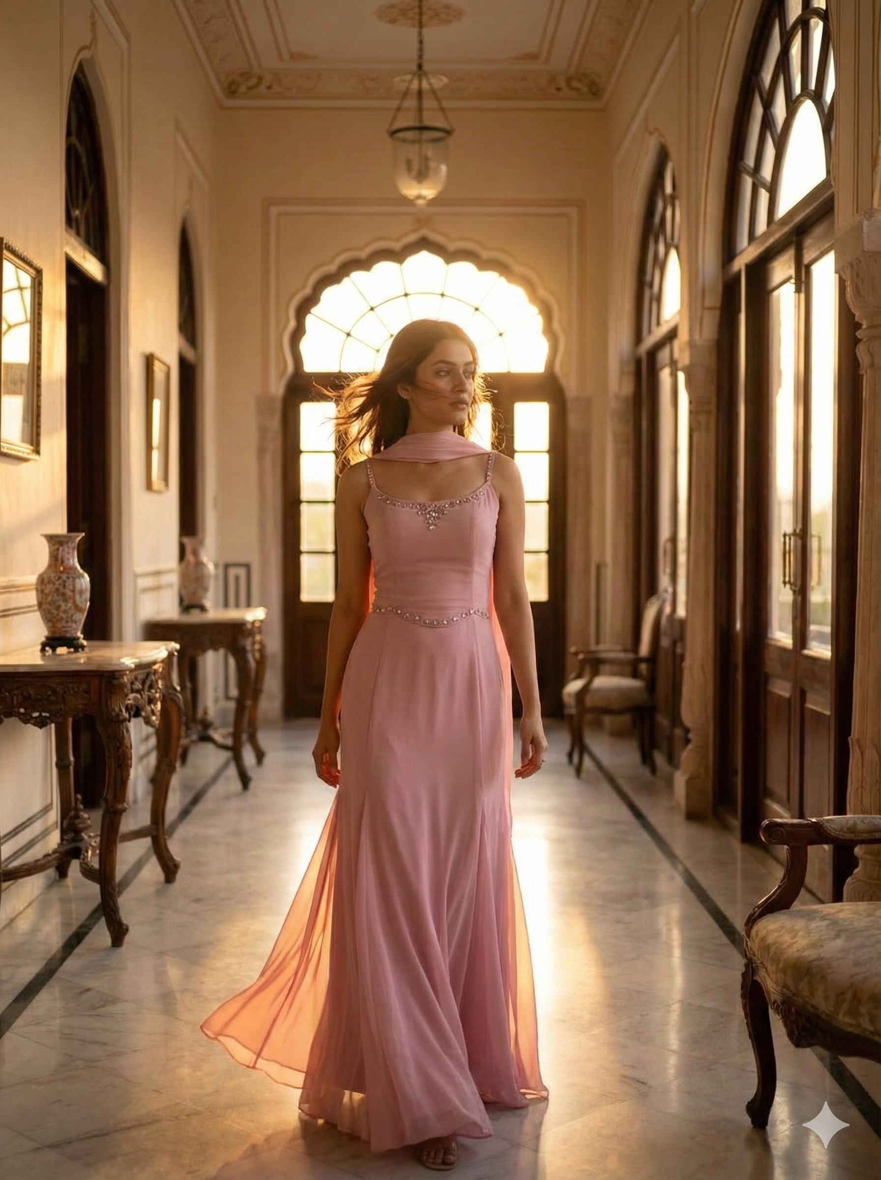 Pearl-Detail Pink Aura Evening Gown