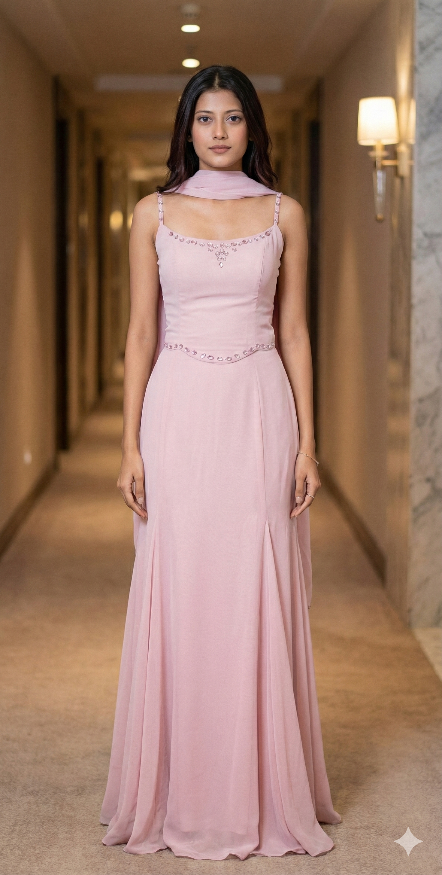 Pearl-Detail Pink Aura Evening Gown