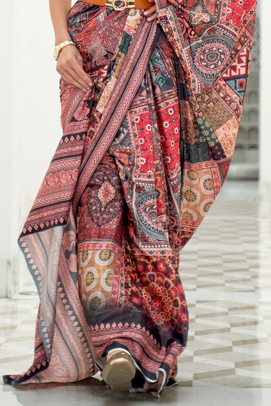Lemonade Pink And Black Digital Print Satin Saree
