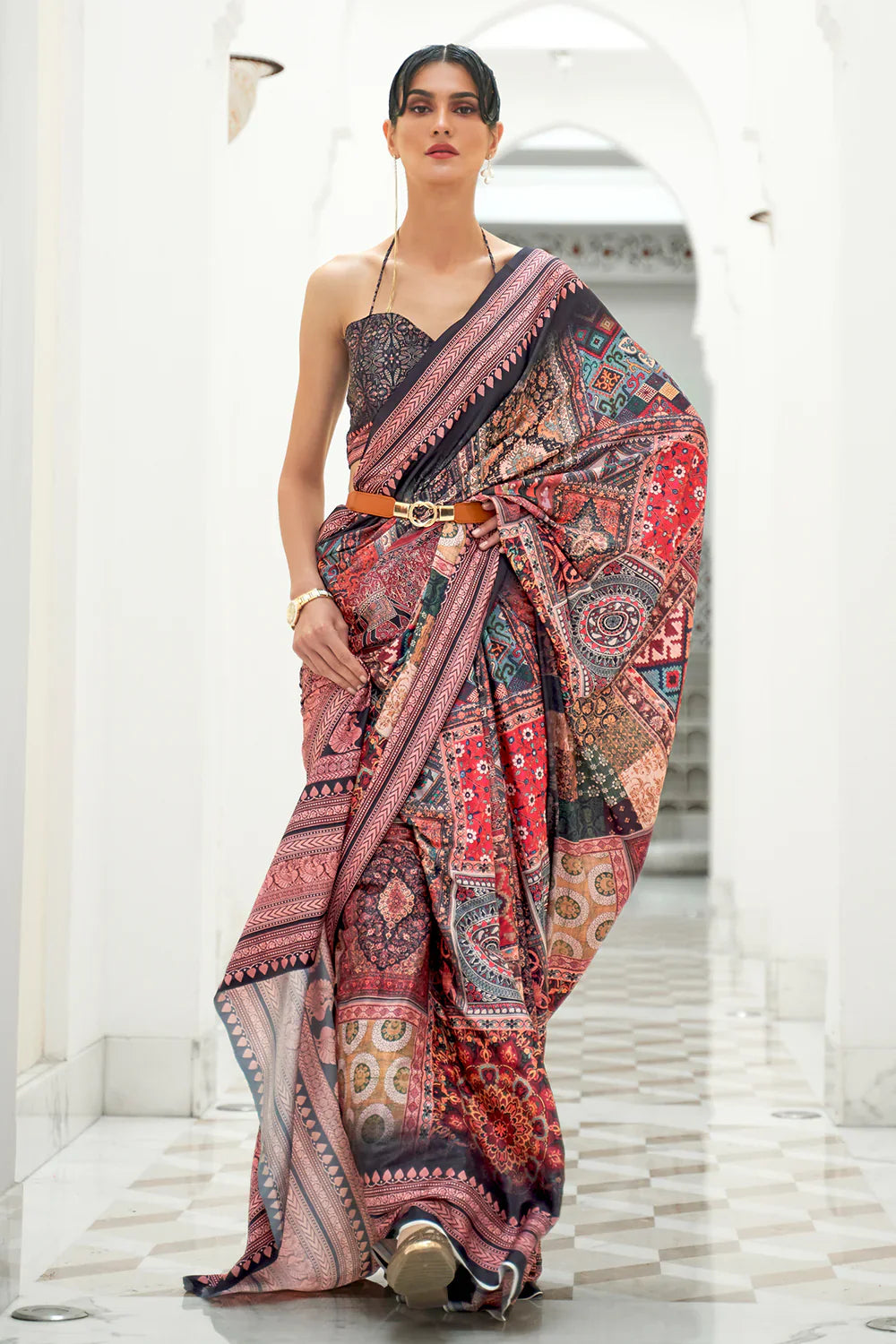 Lemonade Pink And Black Digital Print Satin Saree
