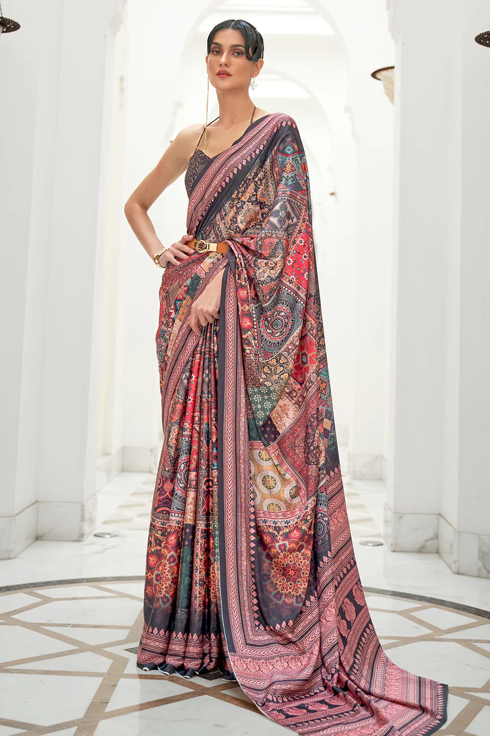Lemonade Pink And Black Digital Print Satin Saree