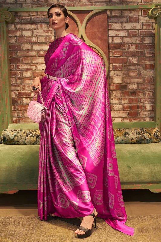 Cerise Pink Satin Silk Saree