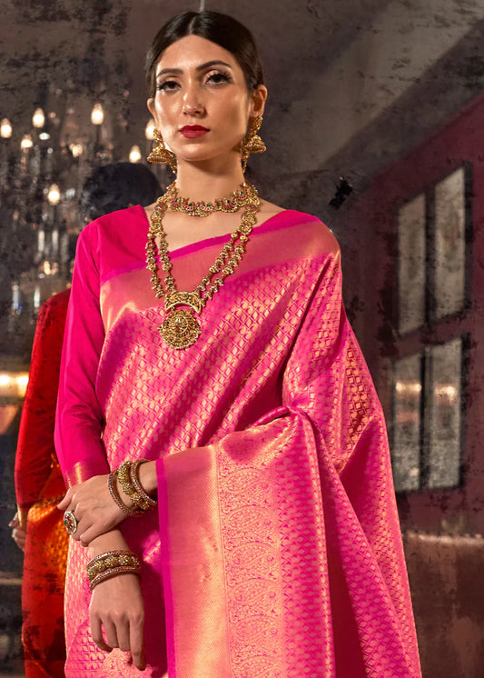 Royal Princess Golden Pink Woven Kanjivaram Saree