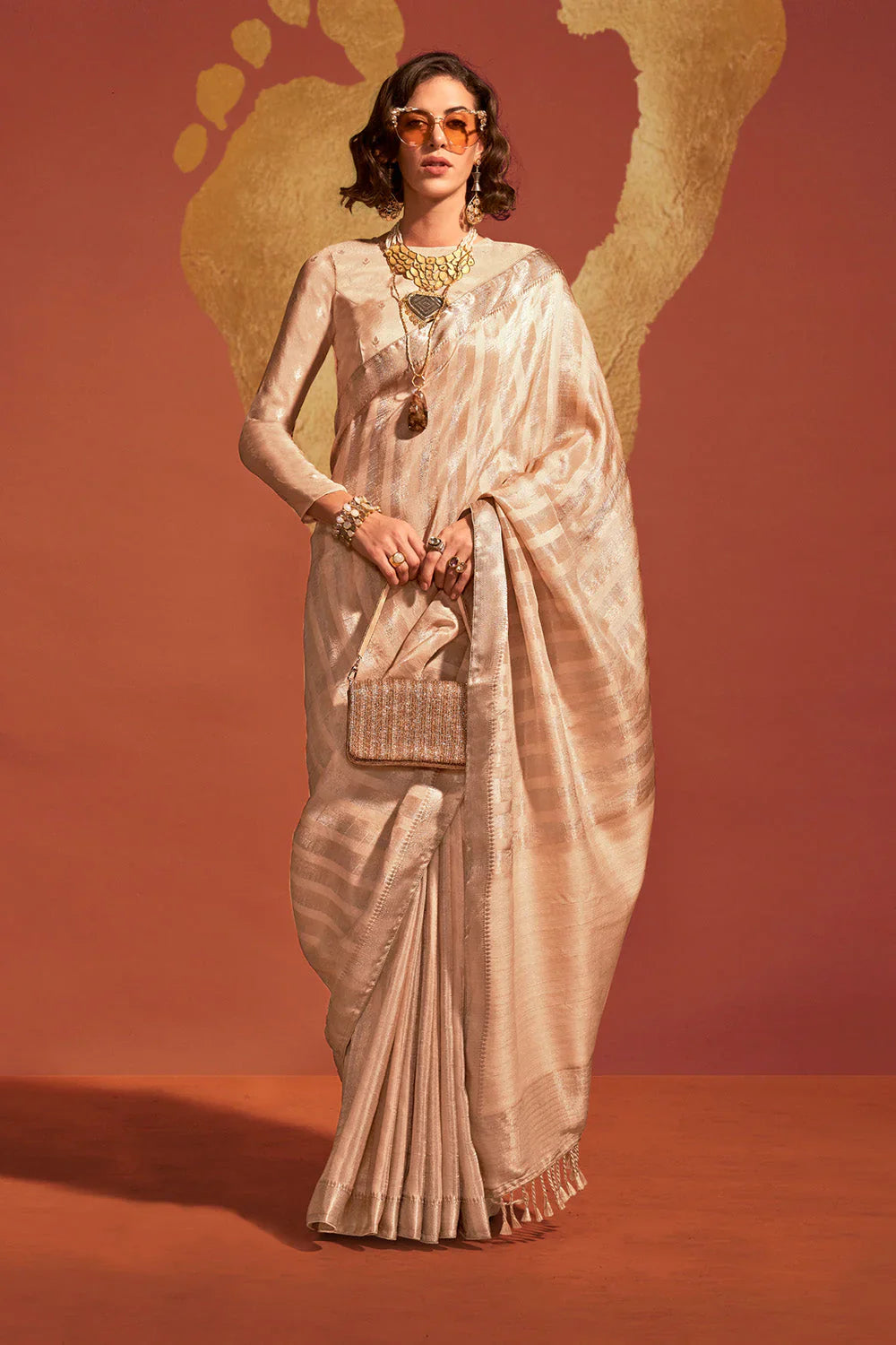 Cream Banarasi Silk Viscose Saree With Blouse Piec