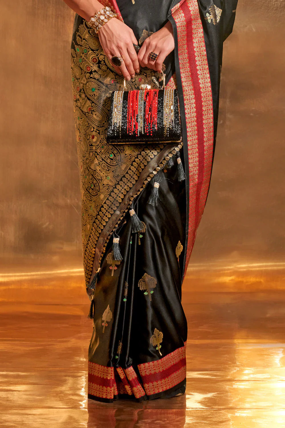 Black Banarasi Pure Satin Handloom Weaving Saree