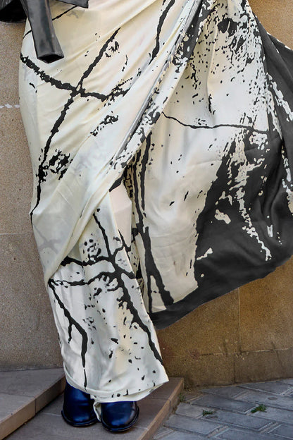 Black And White Digital Printed Saree