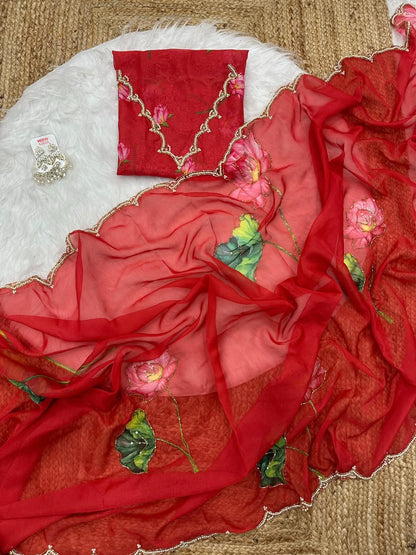 Bollywood Inspired Red Tebi Silk Saree With Designer Handwork