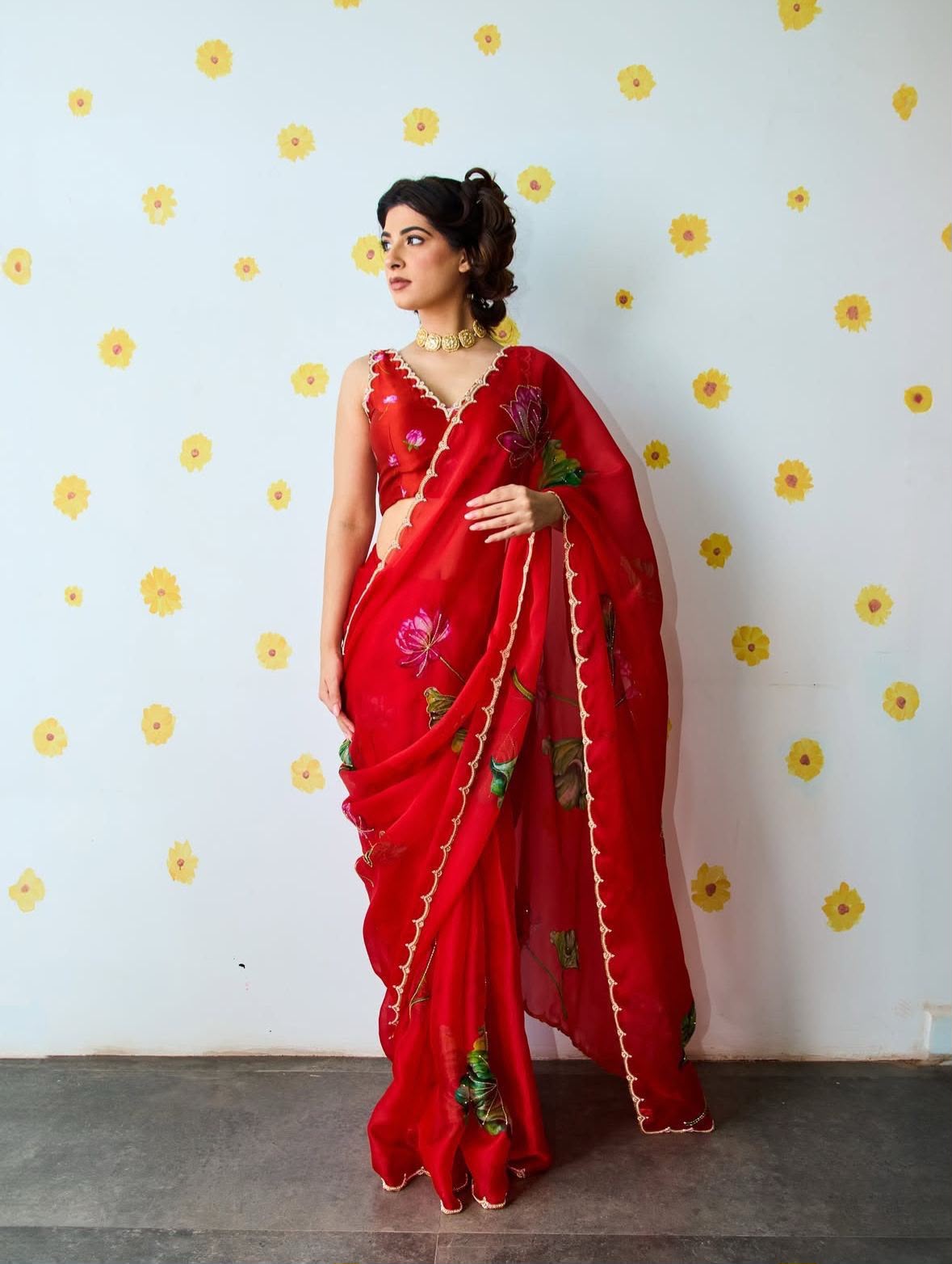 Bollywood Inspired Red Tebi Silk Saree With Designer Handwork