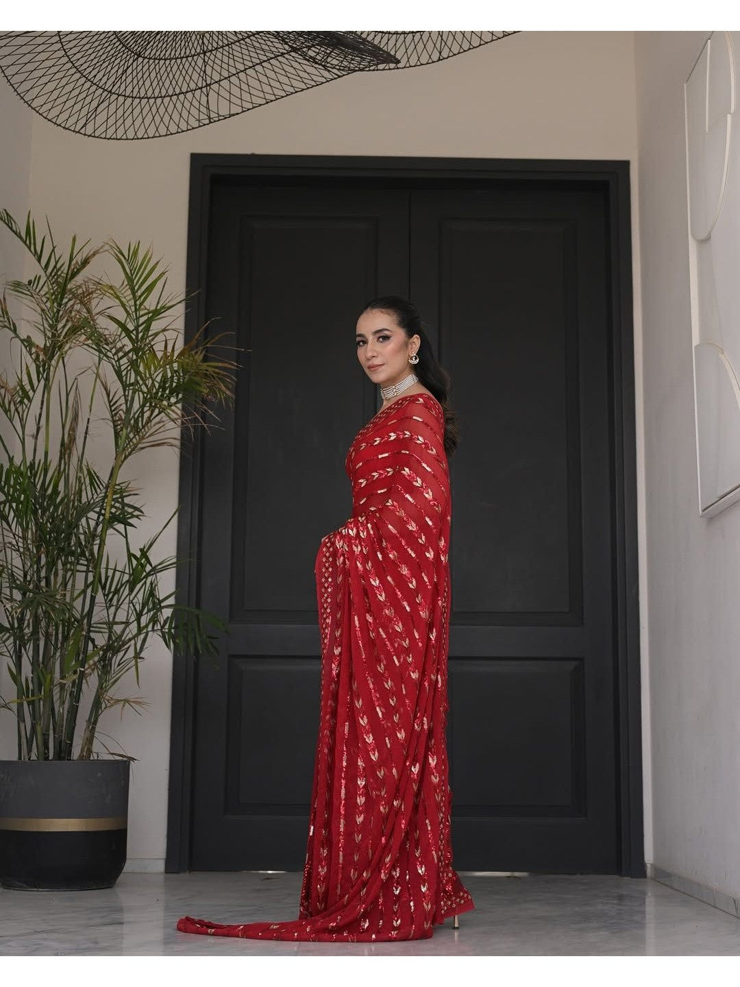 Bollywood Inspired Metallic Red Georgette Saree with Sequins