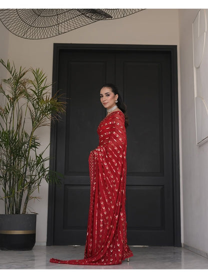 Bollywood Inspired Metallic Red Georgette Saree with Sequins