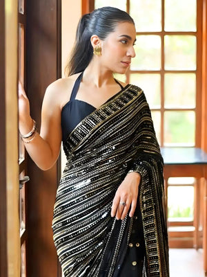 Bollywood Inspired Black Saree with Silver and Gold Sequin Work