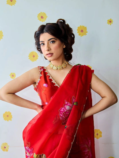 Bollywood Inspired Red Tebi Silk Saree With Designer Handwork