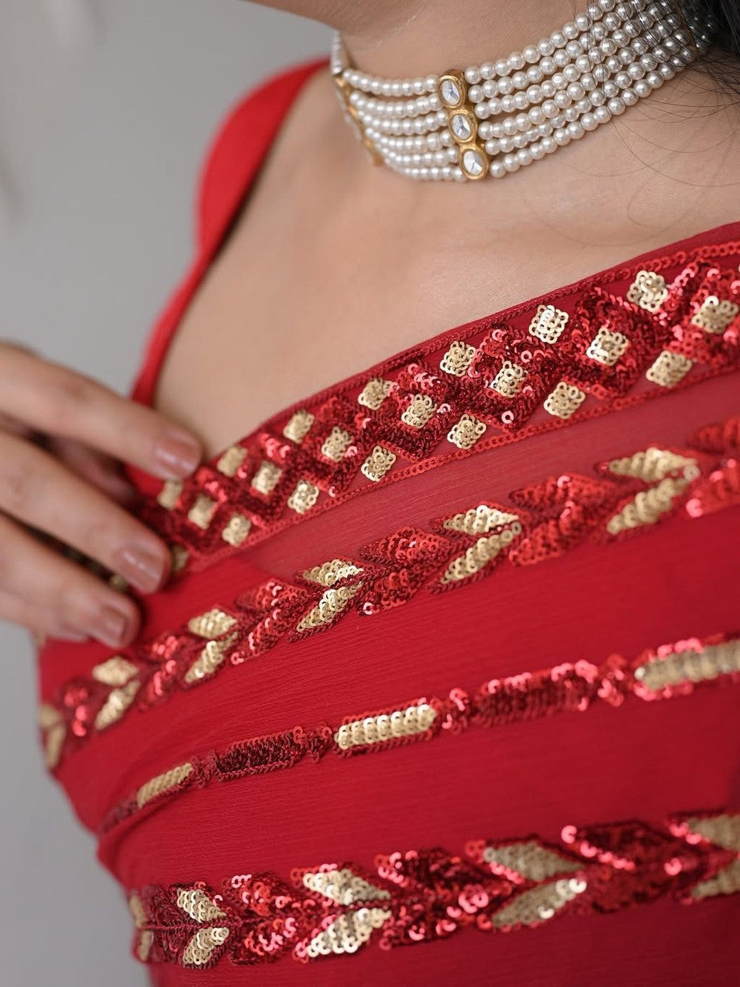 Bollywood Inspired Metallic Red Georgette Saree with Sequins