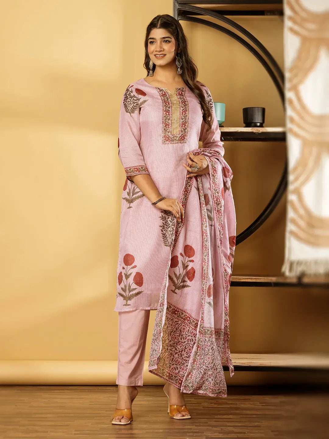 Pink Floral Printed Kota Doria Suit