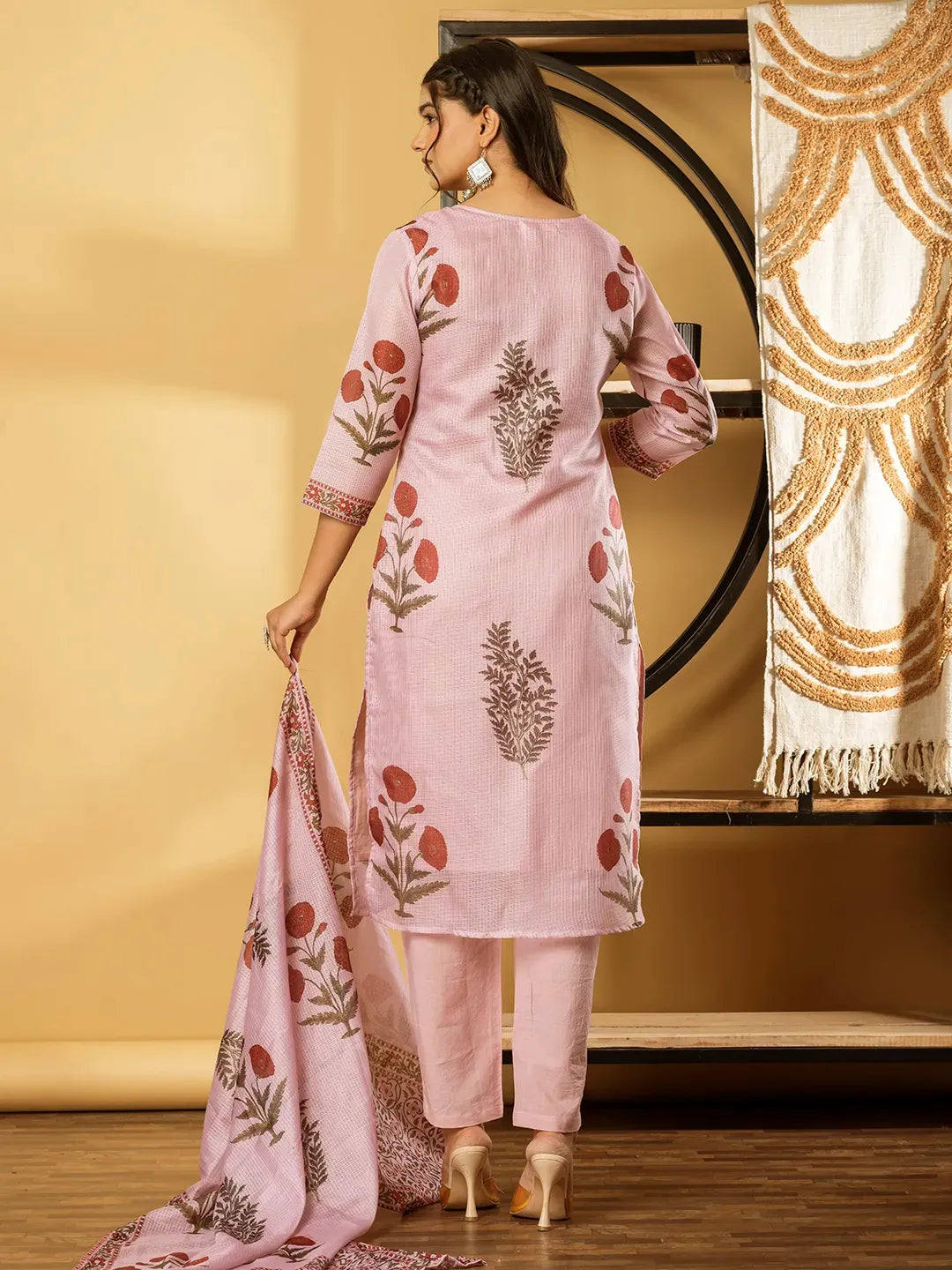 Pink Floral Printed Kota Doria Suit