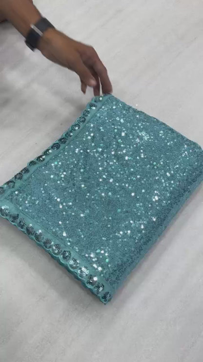 Bollywood Inspired Sky Blue Sequin Saree with Border Detailing