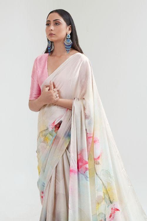 Pink And White Satin Crepe Saree