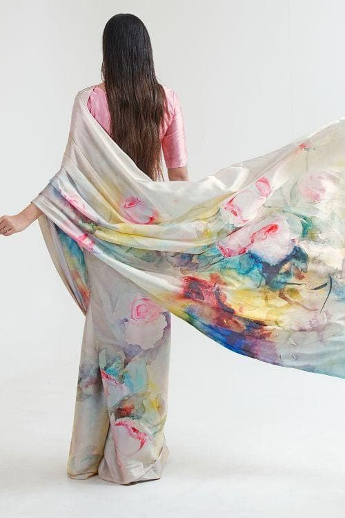 Pink And White Satin Crepe Saree
