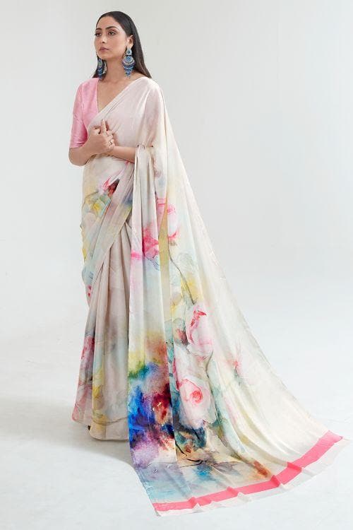 Pink And White Satin Crepe Saree