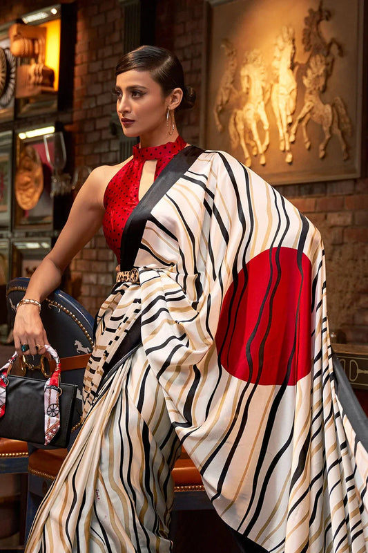 Pearl White Satin Print Saree