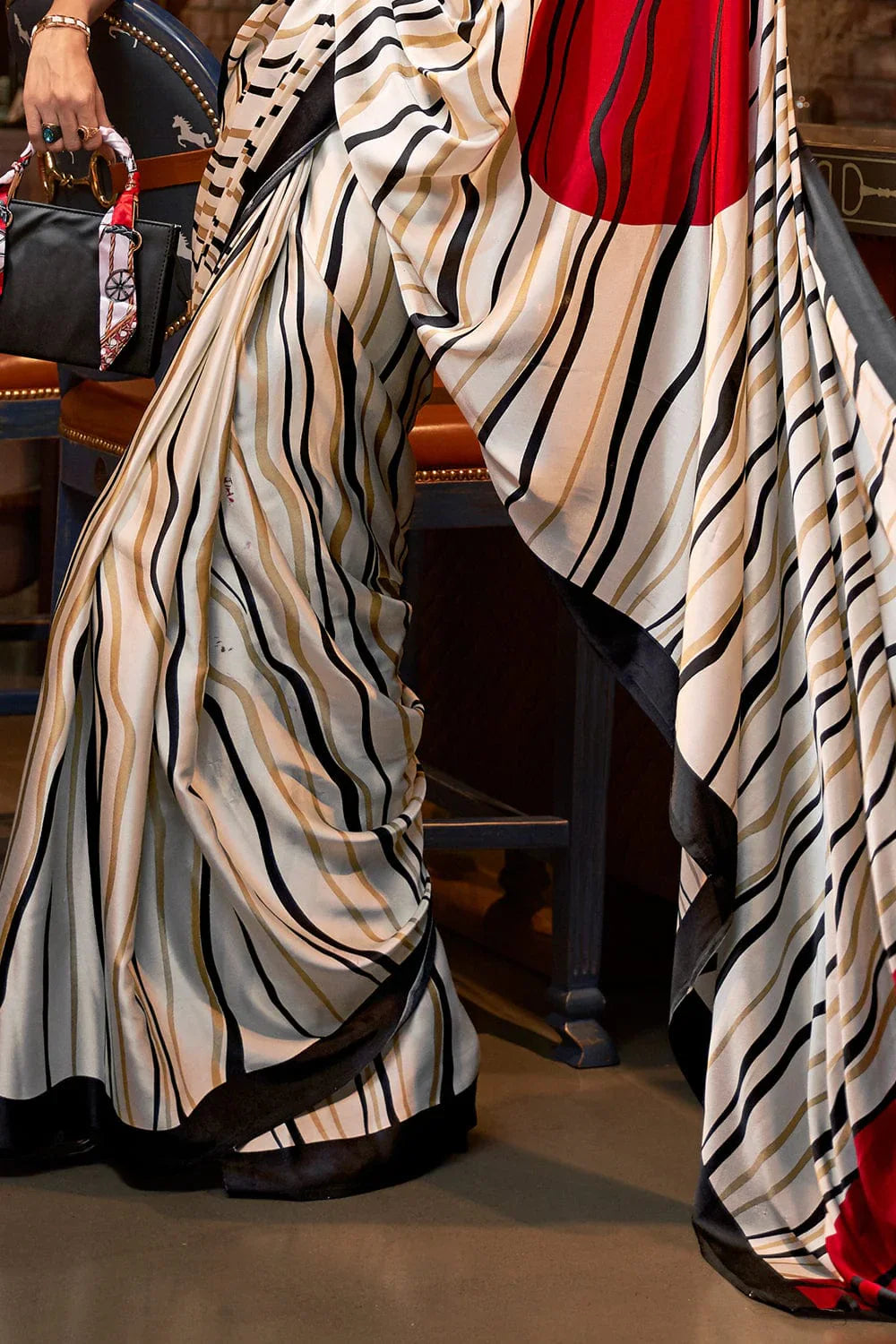 Pearl White Satin Print Saree