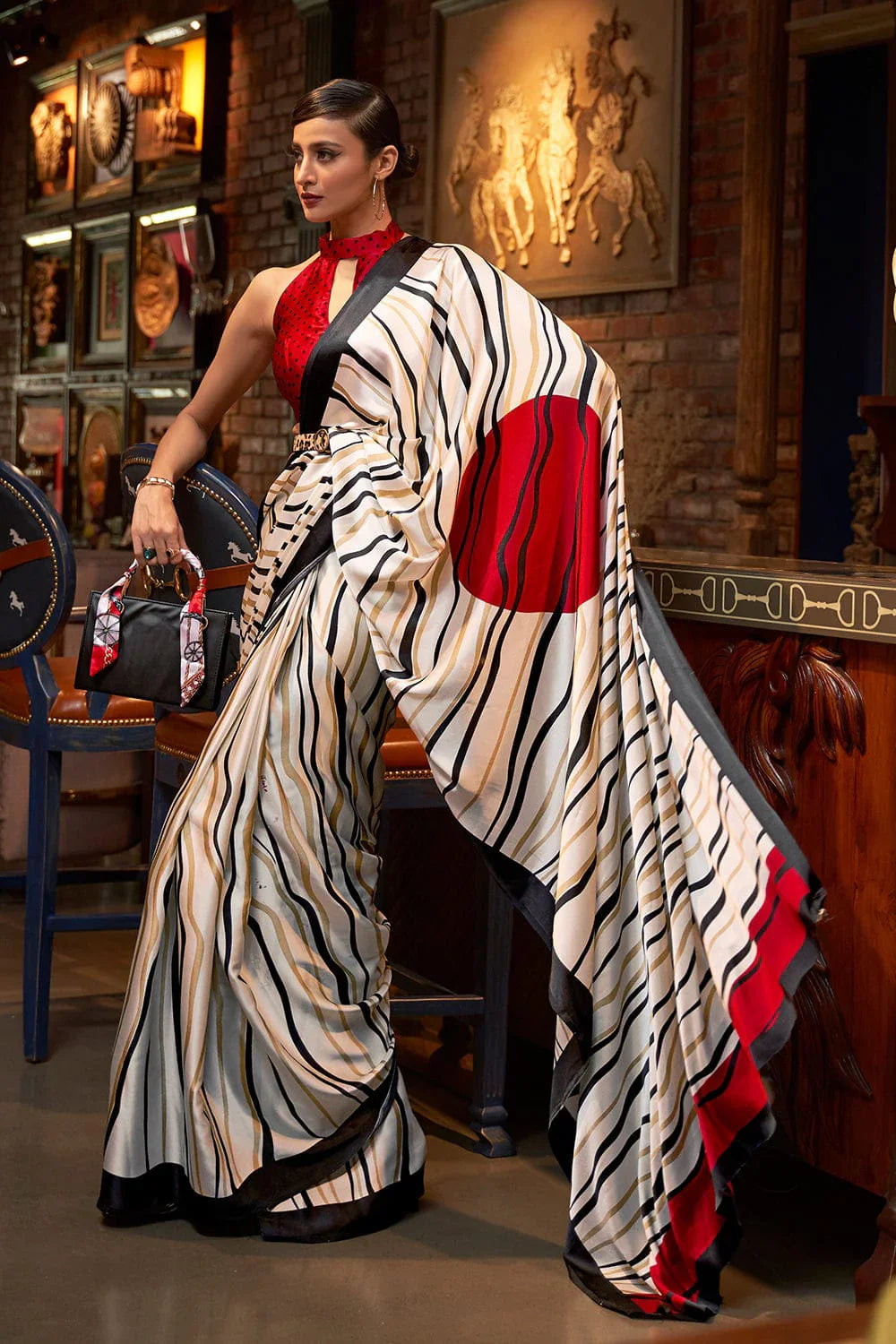 Pearl White Satin Print Saree