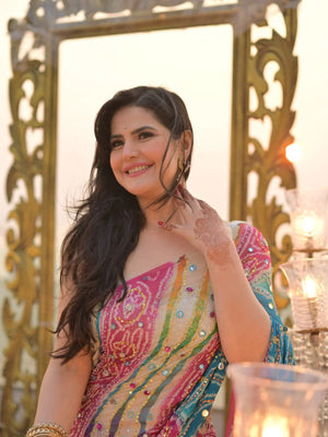 Trending celebrity inspired Noor-e-Bandhani silk saree - front view